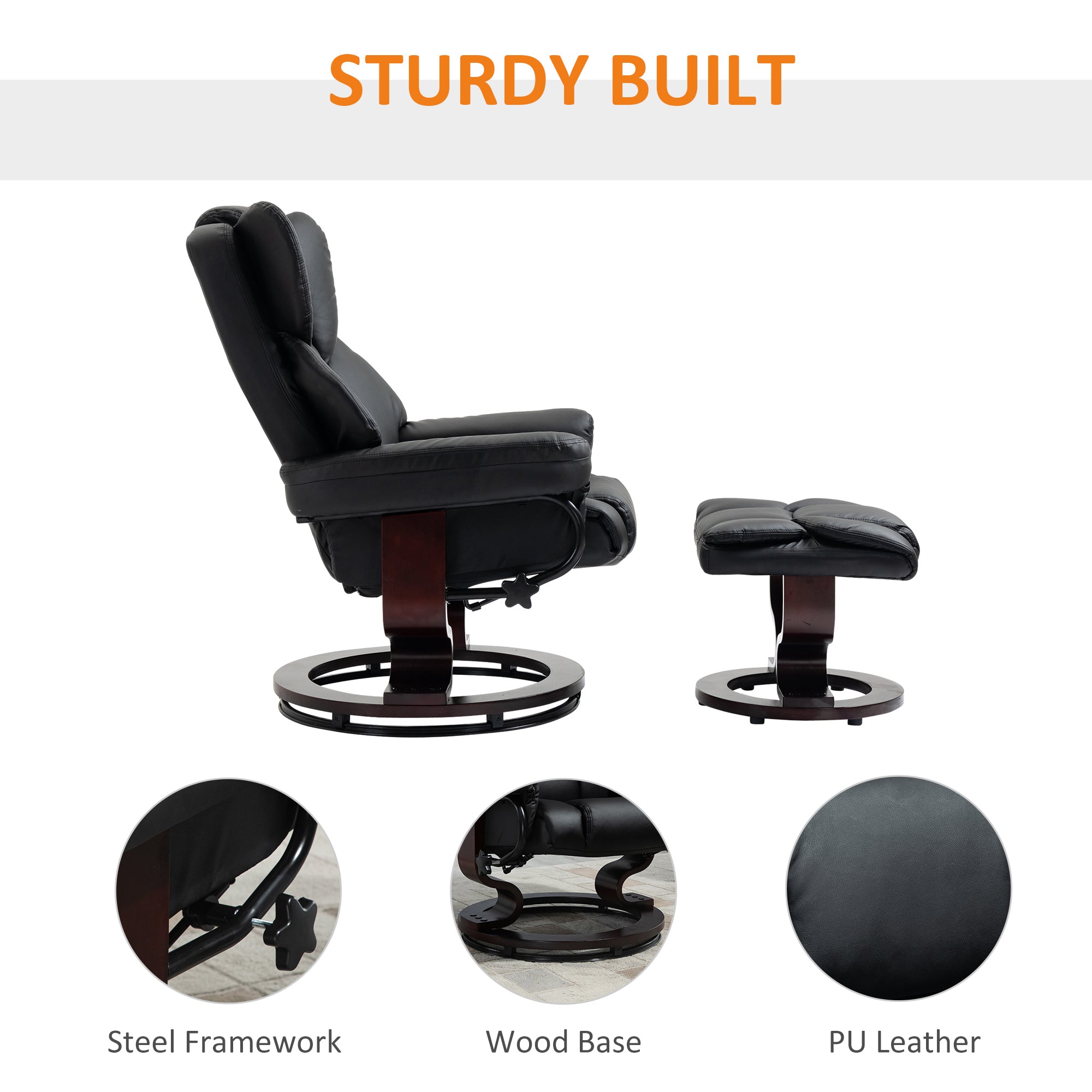 HOMCOM 360° Swivel Recliner Chair with Footstool, PU Leather Manual Recliner Armchair with Solid Wood Base, Upholstered Reclining Chair for Living Room, Bedroom, Office, Black